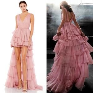 Mac Duggal 55320 High Low Tiered Gown With Built In Bodysuit Pink Size 2 NWT
